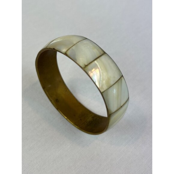 Brass Jewelry - Vintage Brass Mother Of Pearl Bangle Bracelet 70s 80s Cream